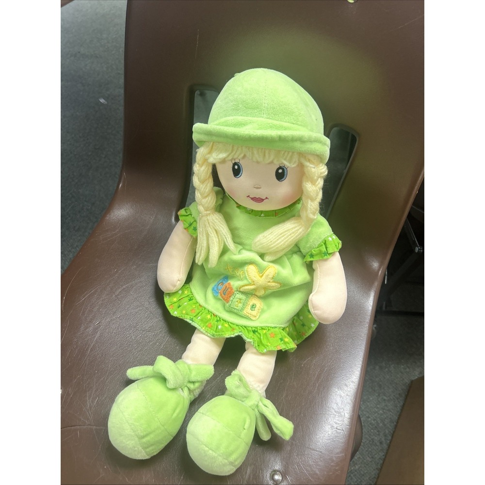 17.5" Linzy Blonde Pigtail Niobe Rag Doll Too Cute Print Green Dress Plush